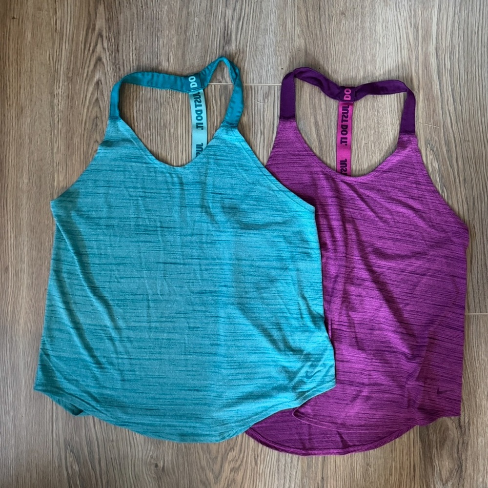 Nike Bundle Dri-Fit Elastika T back Logo Tank Tops Heathered Teal & Purple